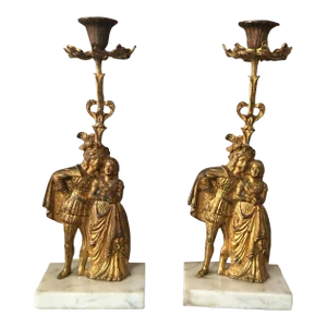 Set of 2 Antique Late 19th Century Brass Marble Victorian Candle Holders