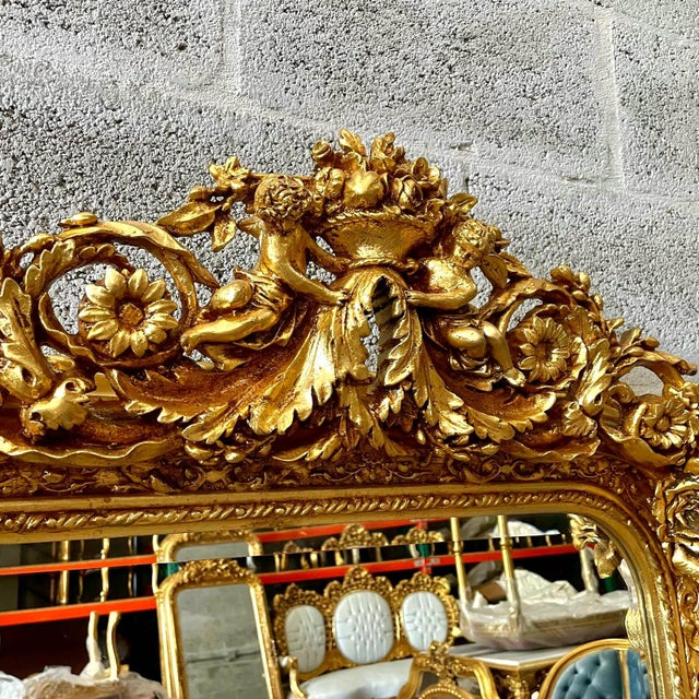 Gold French Style Gold Floral Floor Mirror – 5 Ft Tall Statement Mirror With Gold Leaf and Angel Details For Sale - Image 8 of 8