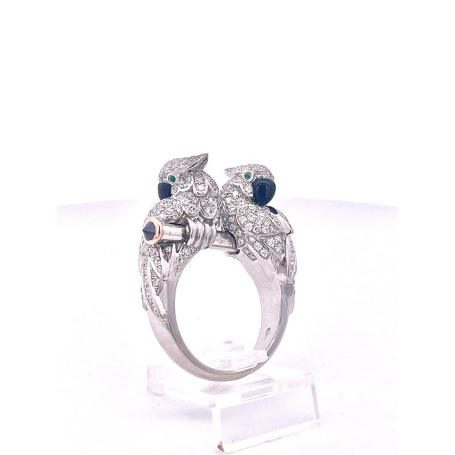 Silver 18k Gold Double Parrot Cocktail Ring With Diamonds and Onyx, France, Size 6.5 For Sale - Image 8 of 12