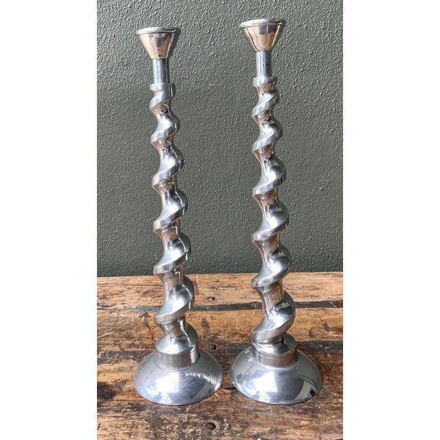 Vintage Spiral Aluminum Candle Holders - A Pair For Sale - Image 10 of 12