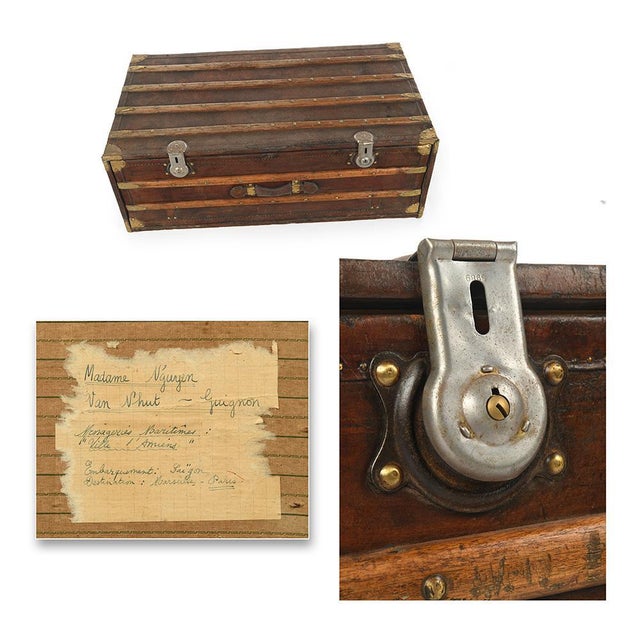 Vintage French Wood and Leather Trunk For Sale - Image 3 of 5