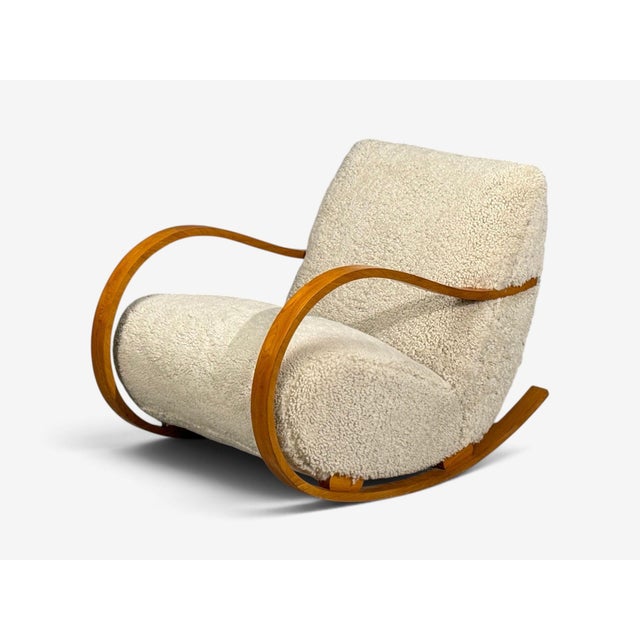 Swedish Modern, Rocking Chair, Elmwood, Beige Shearling, Sweden, 1940s For Sale - Image 4 of 13