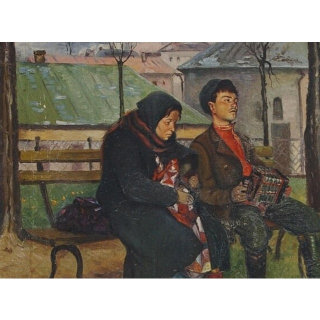 Vintage Soviet Oil Painting: Ukrainian Cityscape, People on Bench, 1953 90-122 For Sale - Image 4 of 6