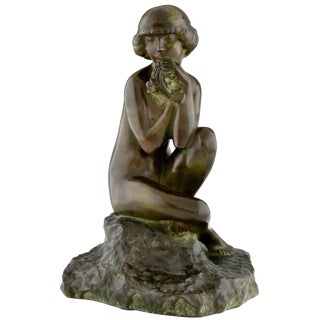 Maxime Real Del Sarte, Art Deco Sculpture, Seated Nude with Flowers, France, 1920s, Bronze For Sale