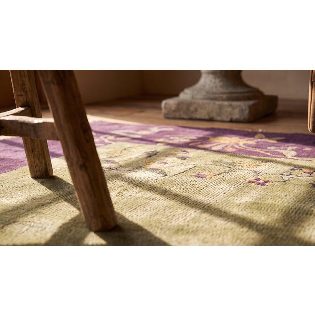 1920s Olive Green Floral Vase Antique Chinese Art Deco Carpet 9' X 12' Knotted Wool Rug For Sale - Image 12 of 14