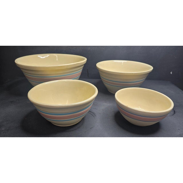 Complete Four Piece Set of Vintage Nelson McCoy Stonecraft Nesting Mixing Bowls With Pink and Blue Stripes This...