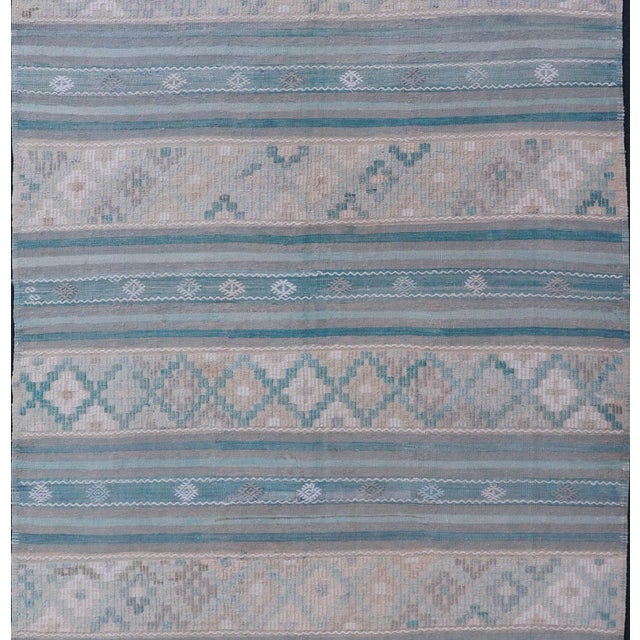 Traditional Turkish Flat-Weave Kilim in Soft Colors With Stripes and Embroideries For Sale - Image 3 of 12