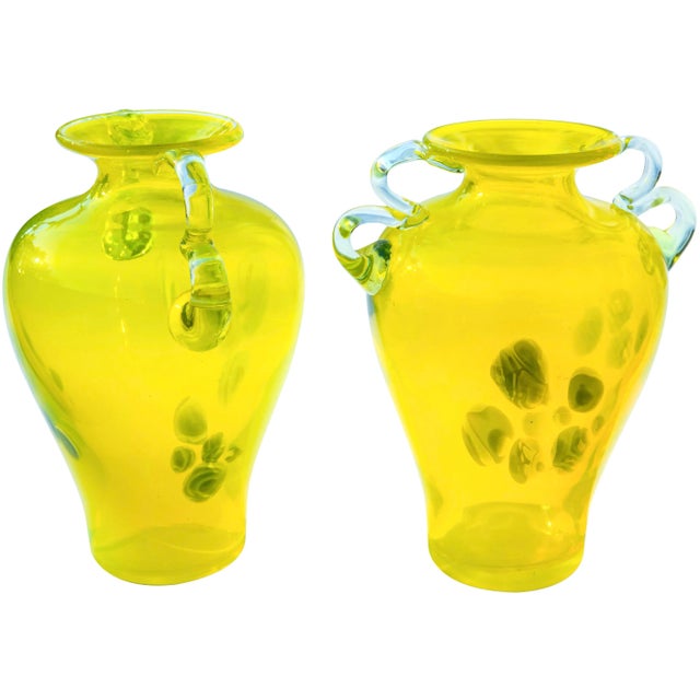 Mid 20th Century Mid-Century Murano Style Lemon-Yellow Italian Art Glass Vases With Handles - Set of 2 For Sale - Image 5 of 10