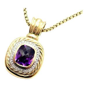 David Yurman Cable 18k Yellow Gold Amethyst Diamond Large Pendant Chain Necklace