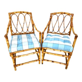 Bamboo Rattan Armchairs Dining Accent Vintage Boho a Pair For Sale