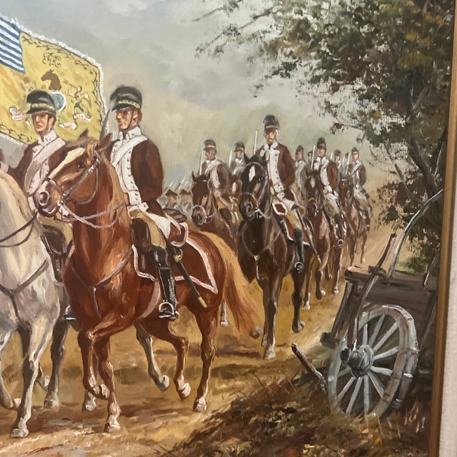 Paint H.Rienmann American School Oil on Canvas Framed Signed Depicting George Washington Leading Pennsylvania State Regiment of Light Horse of 1778 For Sale - Image 7 of 12