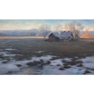 Remnants by Dave Santillanes | Oil on panel of a rural scene with a house and snow-covered field For Sale