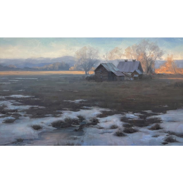 Remnants by Dave Santillanes | Oil on panel of a rural scene with a house and snow-covered field For Sale