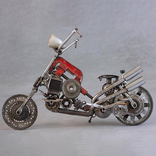 This one-of-a-kind sculpture is handmade in Marrakech, Morocco, using reclaimed metal parts. The work explores mechanical...