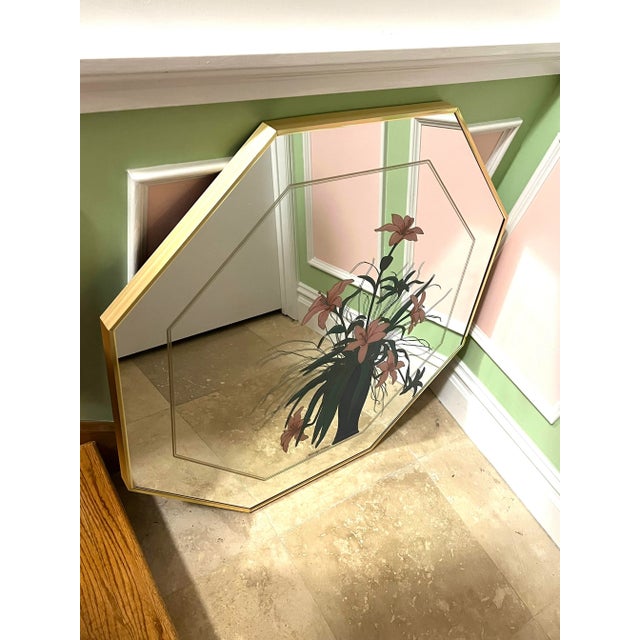 Octagon Brass Etched Colored Floral Mirror, circa 1970
