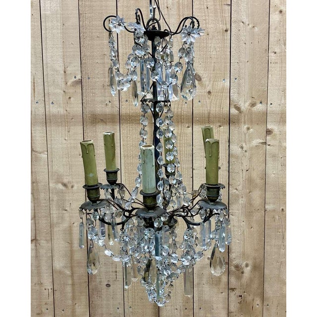 Antique Five-Light Bronze and Crystal Chandelier, 1900s, in Good conditions. Designed 1890 to 1919 European Plug (up to...