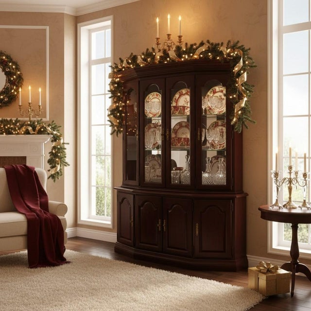 Late 20th Century Late 20th Century Broyhill Cherry China Cabinet-Lighted Mirrored Curio Hutch-2 Piece-Display-Glass For Sale - Image 5 of 11
