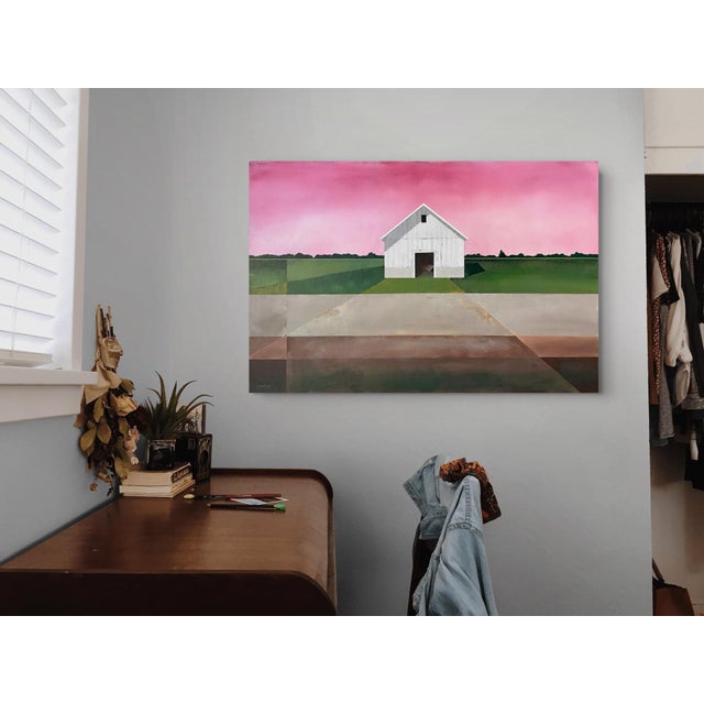 Alizarine Sky by Justin Wheatley | Acrylic on Canvas Barn Landscape With Pink Sky For Sale - Image 11 of 11