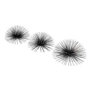 Set of 3 Vintage Curtis Jeré Style Silver Finish Starburst Sputnik Pom Pom Sea Urchin Wall Sculptures For Sale