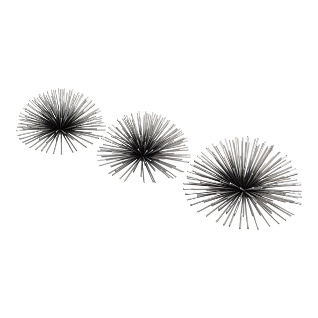 Set of 3 Vintage Curtis Jeré Style Silver Finish Starburst Sputnik Pom Pom Sea Urchin Wall Sculptures For Sale