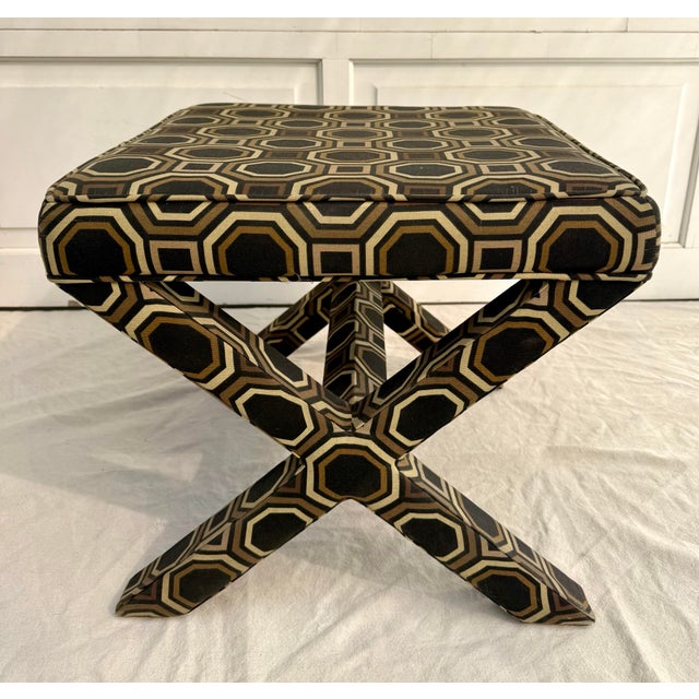 Black Late 20th C. Hollywood Regency X-Bench Stool With Geometric Upholstery For Sale - Image 8 of 12