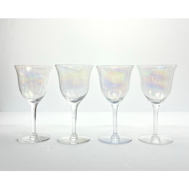 1960s Vintage MCM Lustre Iridescent Rainbow Pearl Optic 4 Wine Glasses 5.5” 6oz Good vintage condition. No chips, cracks,...