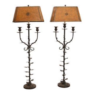 Maitland Smith Iron Verdigris Floor Lamp With Leather Shades - a Pair For Sale