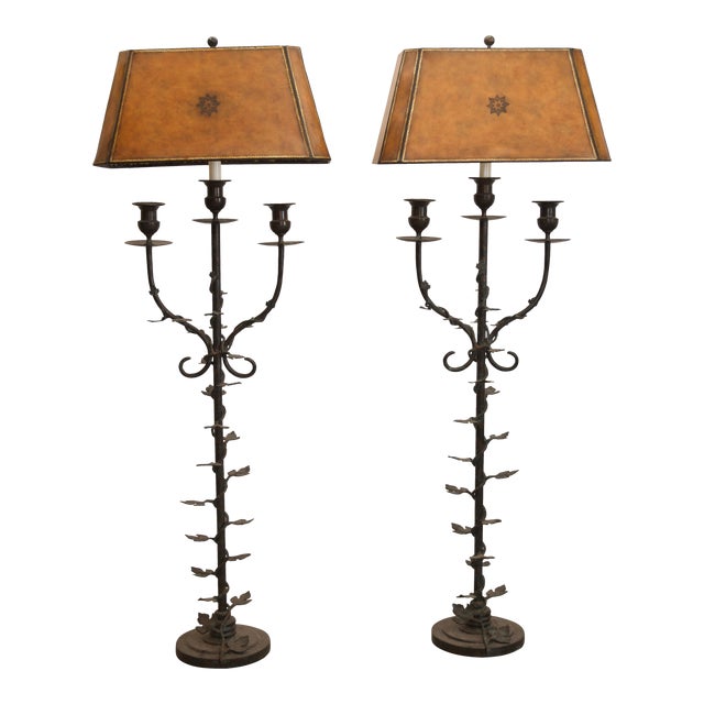 Maitland Smith Iron Verdigris Floor Lamp With Leather Shades a Pair Chairish