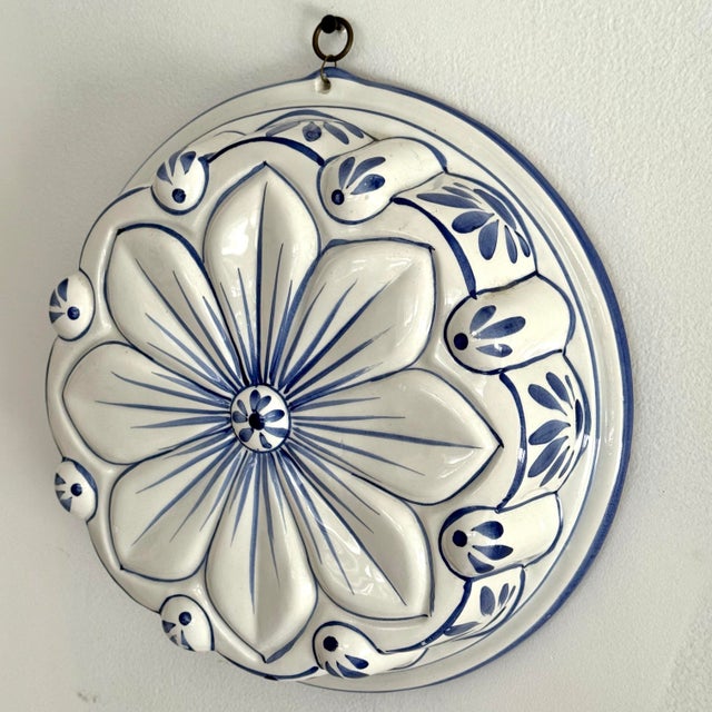 Farmhouse Vintage Blue and White Ceramic Flower Wall Mold For Sale - Image 3 of 6