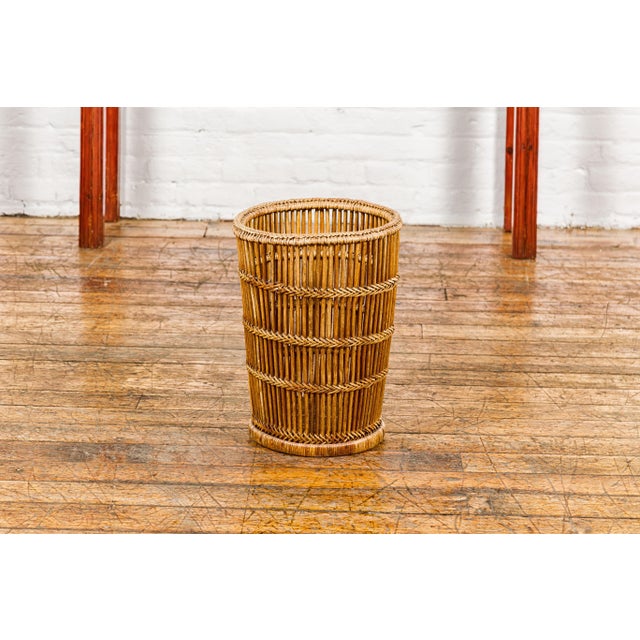 Contemporary Country Style Rattan Waste Basket with Braided Woven Accents and Tapering Lines For Sale - Image 3 of 12