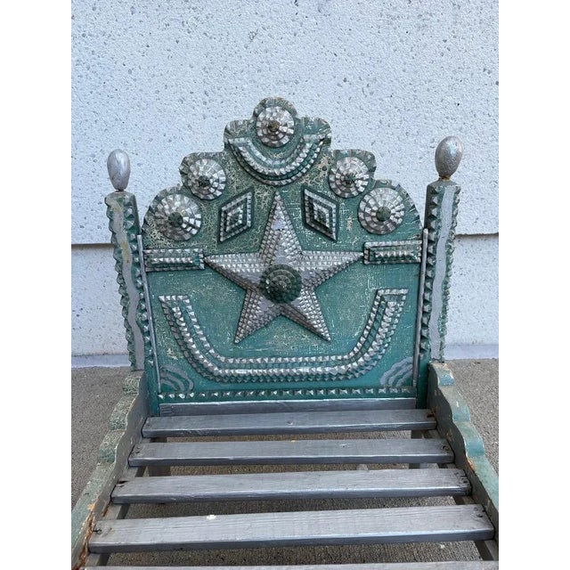 Tramp Art Folk Art Dog Bed With Silver And Blue Paint For Sale - Image 4 of 12