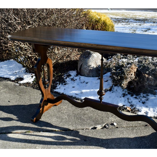 Walnut Jacobean Style Console Sofa Table Vintage 1950s Trestle Base 60 For Sale - Image 11 of 13