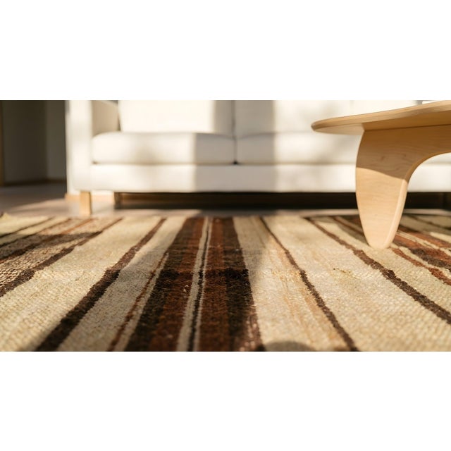 1940s Camel Red Stripe Mid Century Modern Antique American Rag Rug 8' 5'' X 11' 10'' Flatweave Carpet For Sale - Image 11 of 12