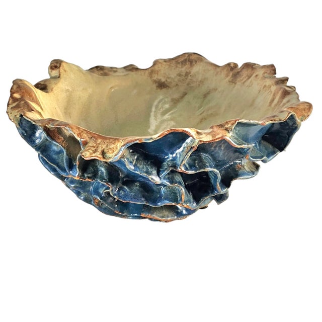 Late 20th Century Studio Art Pottery Sculptural Ruffled Bowl, Brutalist Handcrafted Ceramic 13.5" For Sale - Image 5 of 12