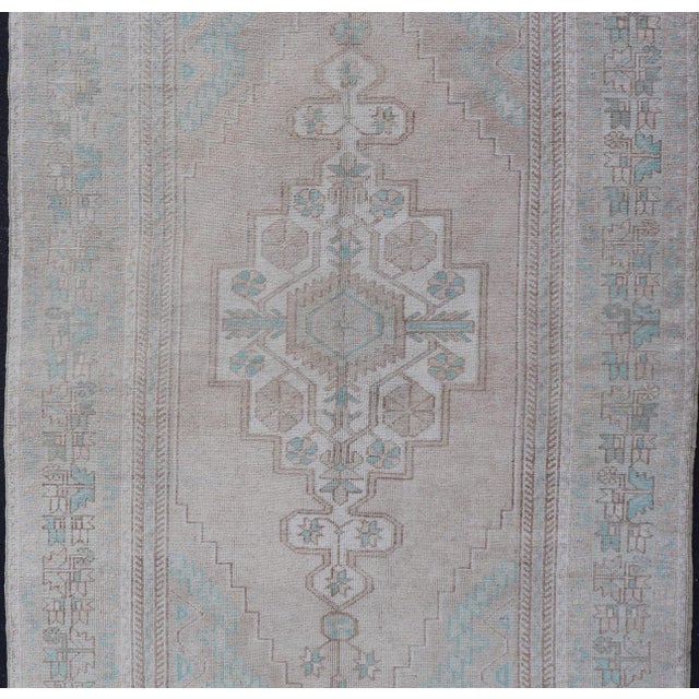 Tribal Vintage Turkish Medallion Oushak Area Rug in Tan, Taupe, Pink, and Green For Sale - Image 3 of 9