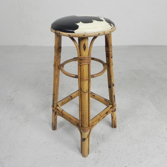 Bamboo Bar Stool with Leatherette Seat in Cow Print, 1950s For Sale - Image 16 of 17