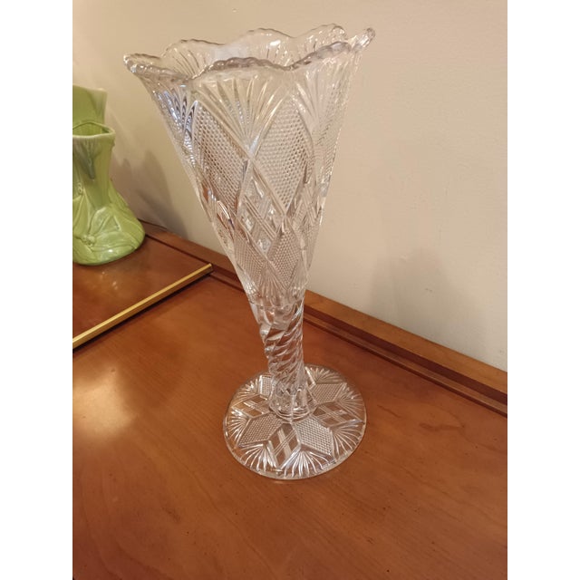 American Vintage Elegant Vase American Brilliant Cut Glass 14 1/4" Trumpet Vase For Sale - Image 3 of 4