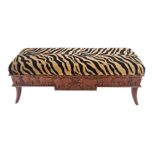 Heavy Solid Carved Elephants Teak Base Tiger Upholstery Horn Leg Bench