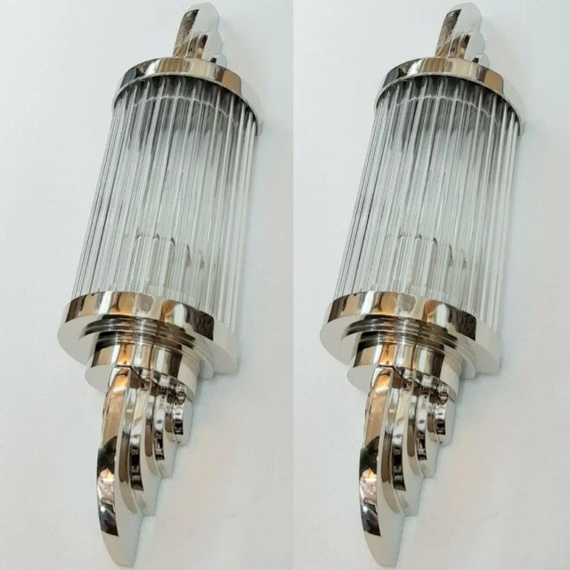 1940s Vintage Art Deco Skyscraper Wall Sconces Fixture in Nickel Brass & Glass - a Pair For Sale - Image 5 of 6