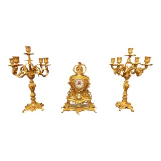 Rococo Clock Garniture Set With Gilt Bronze Candelabras – 3 Pieces Set For Sale