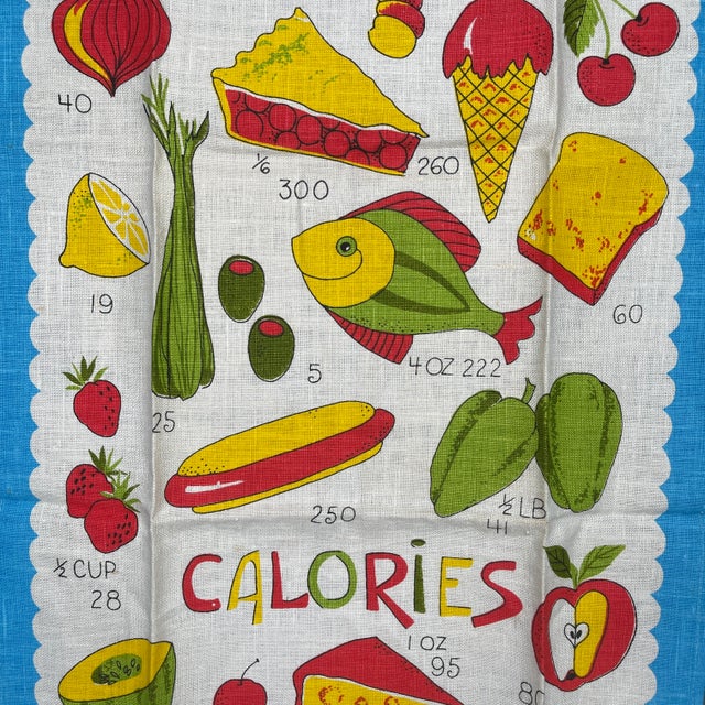 Colorful and well illustrated 60's style calorie chart kitchen tea towel, the colors are quite vibrant for a piece close...