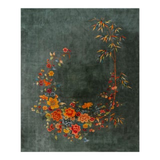 1930s Green Bamboo Floral Antique Chinese Art Deco Rug 8' 9'' X 11' 0'' Handknotted Wool Carpet For Sale
