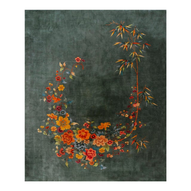 1930s Green Bamboo Floral Antique Chinese Art Deco Rug 8' 9'' X 11' 0'' Handknotted Wool Carpet For Sale