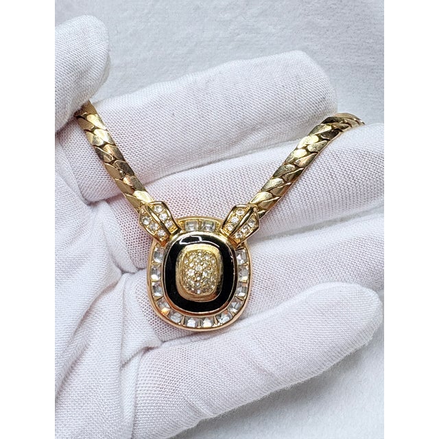 Metal Christian Dior 1970s Gold‑Tone Necklace With Black Enamel & Crystal Pendant For Sale - Image 7 of 8