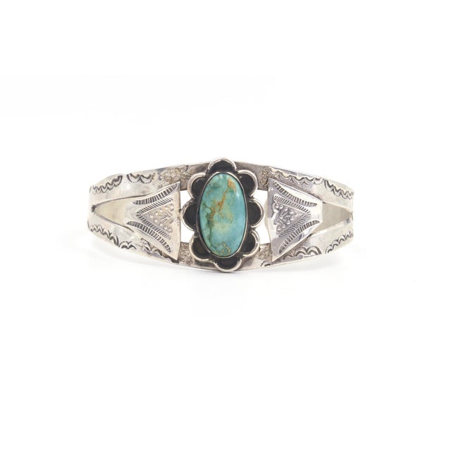 Metal Mid 20th Century Native American Style Turquoise Sterling Silver Cuff Bracelet With Old Pawn Marks For Sale - Image 7 of 10