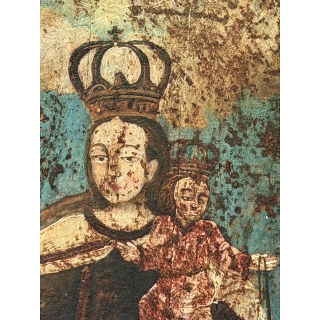 Spanish 1805 Spanish Colonial Retablo of Our Lady of Mount Carmel With Souls in Purgatory – Painted Wood Devotional Panel For Sale - Image 3 of 8
