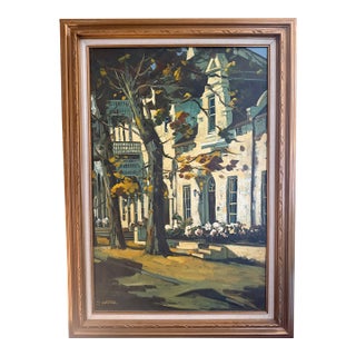 Vintage Mid Century Impasto Oil Painting, Historic House in Autumn, Signed S. Harper, Carved Gold Frame For Sale