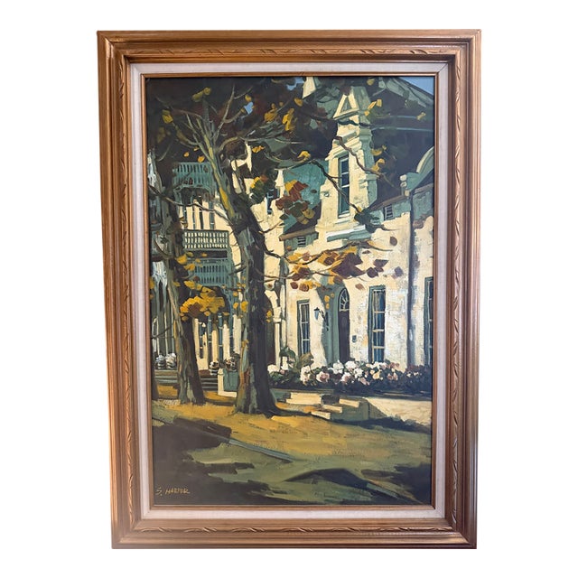 Vintage Mid Century Impasto Oil Painting, Historic House in Autumn, Signed S. Harper, Carved Gold Frame For Sale