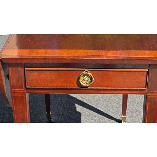 Vintage Baker Furniture Pembroke Drop Leaf Side Table Inlay Design One Drawer #2 For Sale - Image 13 of 17