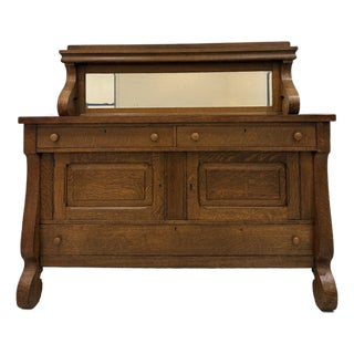 Antique American Tiger Wood Oak Buffet With Mirror. For Sale